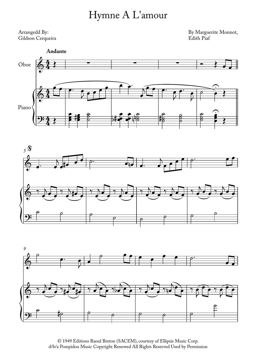 Hymne A L'amour Piano scores gallery preview page 1