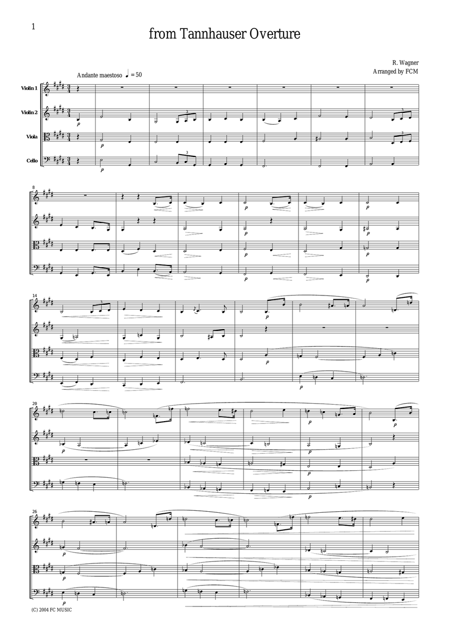 Wagner from Tannhauser Overture, for string quartet, CW002 String Quartet scores gallery preview page 1