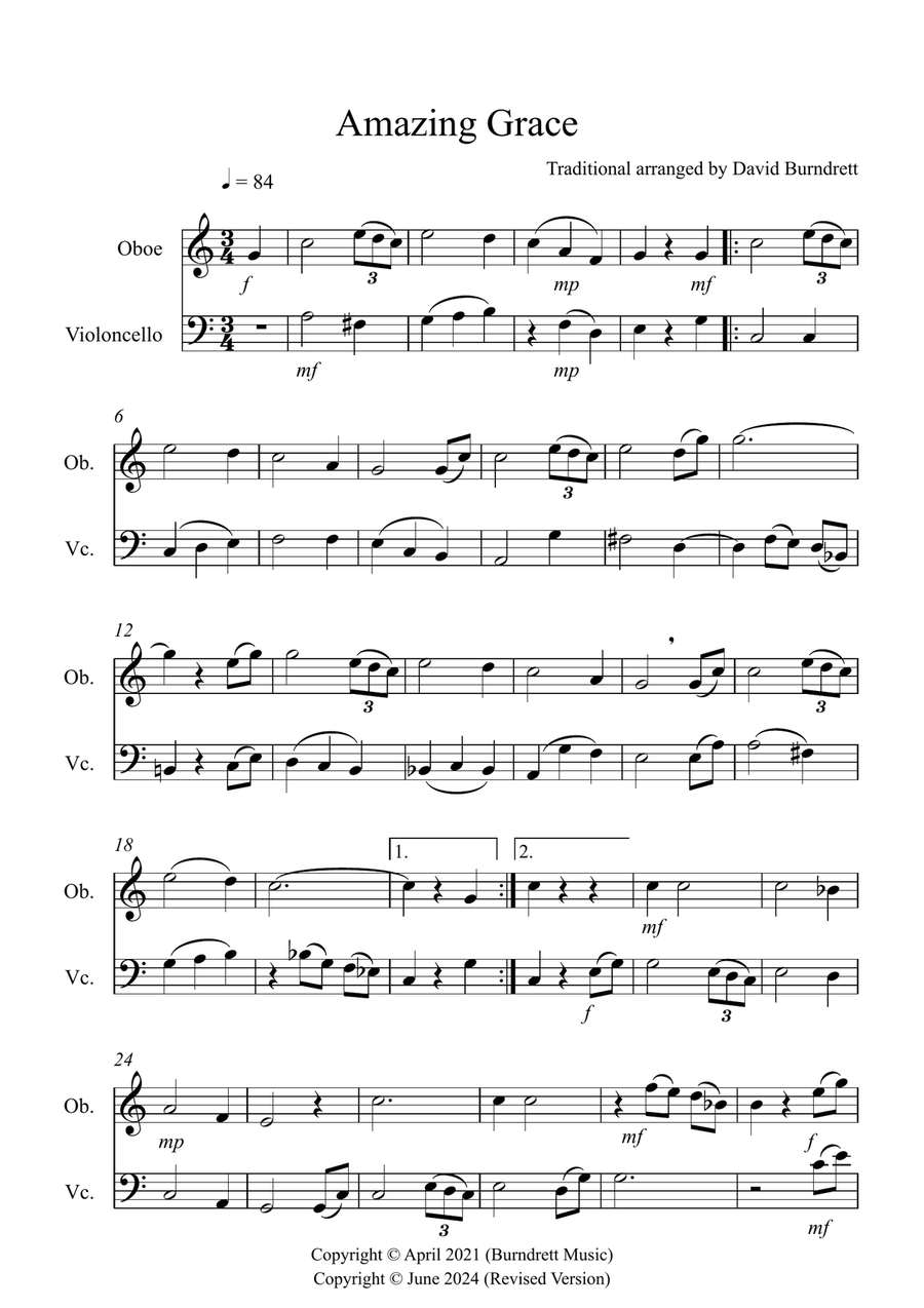 Amazing Grace for Oboe and Cello Duet Oboe scores gallery preview page 1