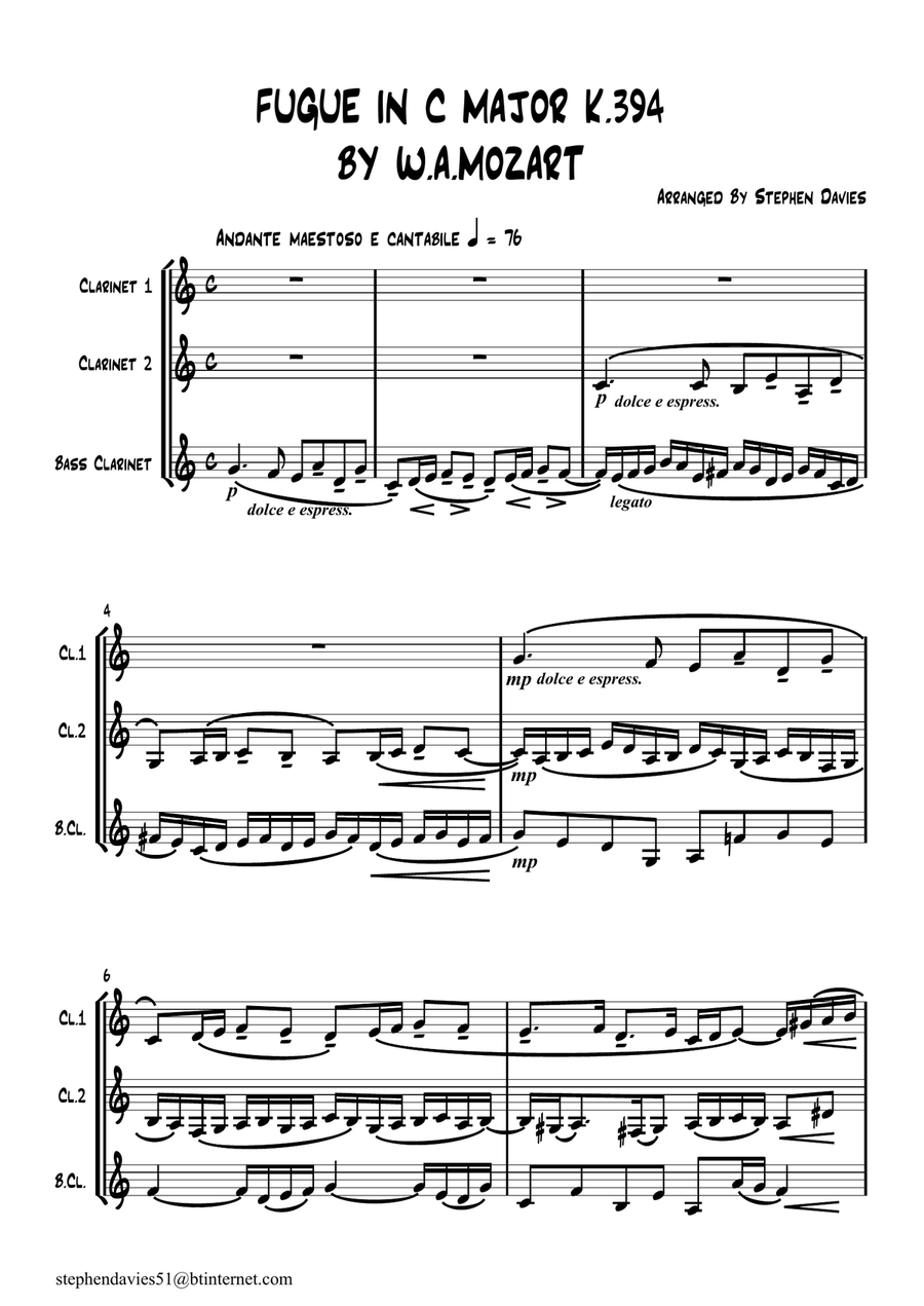 Fugue in C Major by W.A.Mozart K394 for Clarinet Trio. Clarinet Trio scores gallery preview page 1