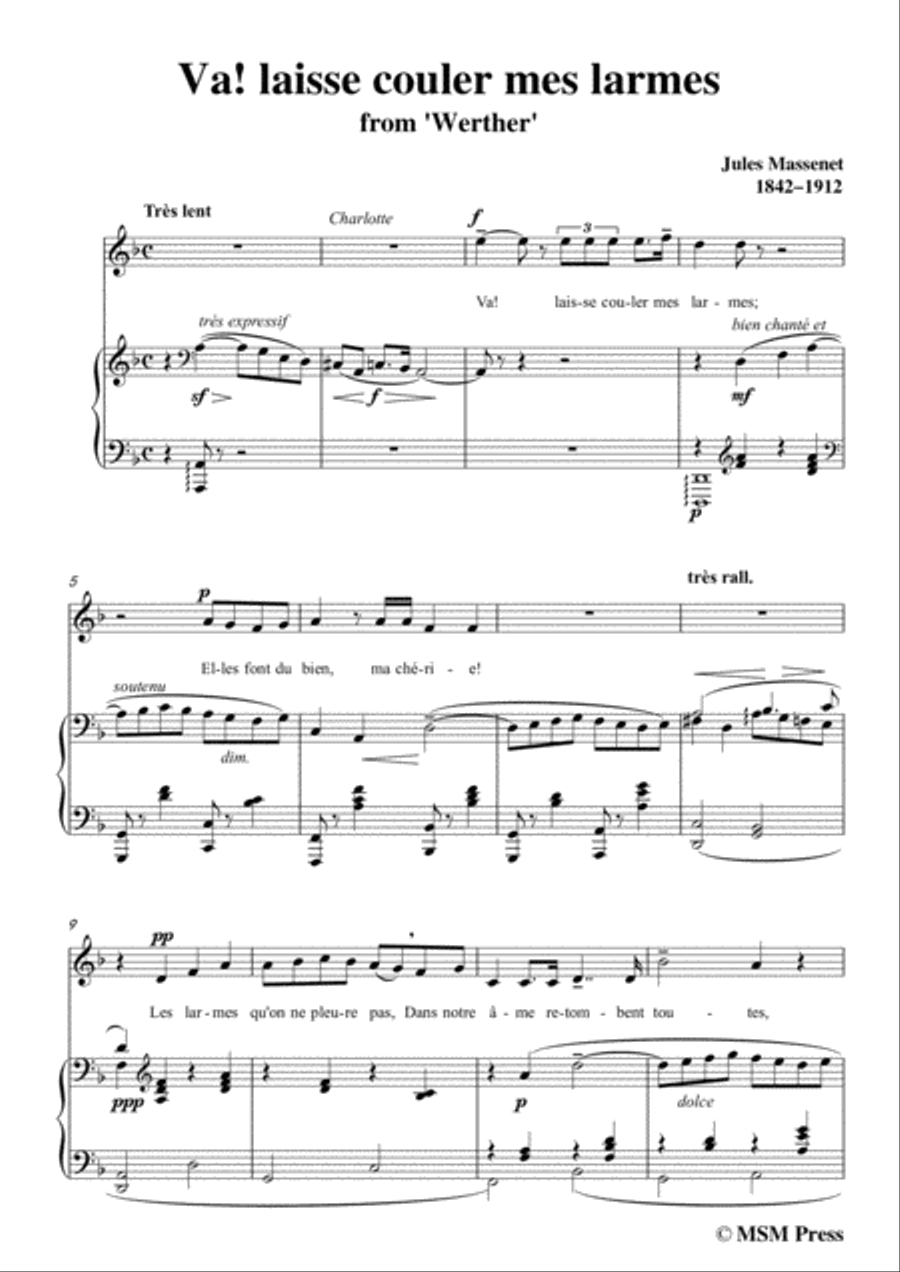 Massenet-Va!laisse couler mes larmes,from 'Werther',in d minor,for Voice and Piano image number null