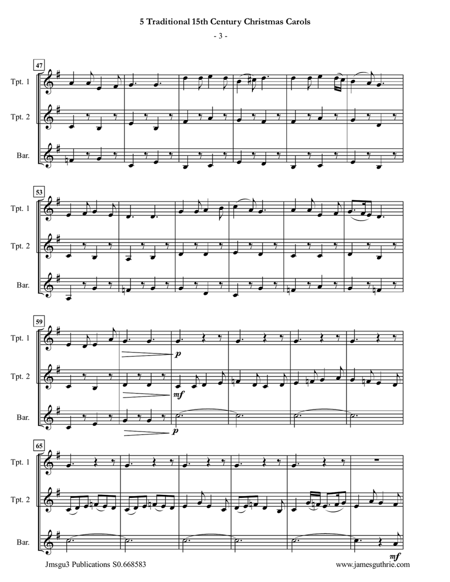 5 Traditional 15th Century Christmas Carols for Trumpet Duo & Baritone Horn Brass Duet scores gallery preview page 3