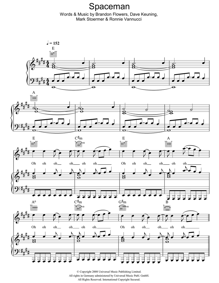 Spaceman Piano, Vocal, Guitar scores gallery preview page 1