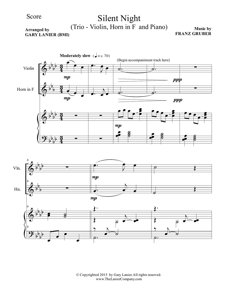 Gary Lanier: SILENT NIGHT (Trio – Violin, Horn in F & Piano with Score & Parts) Small Ensemble scores gallery preview page 2
