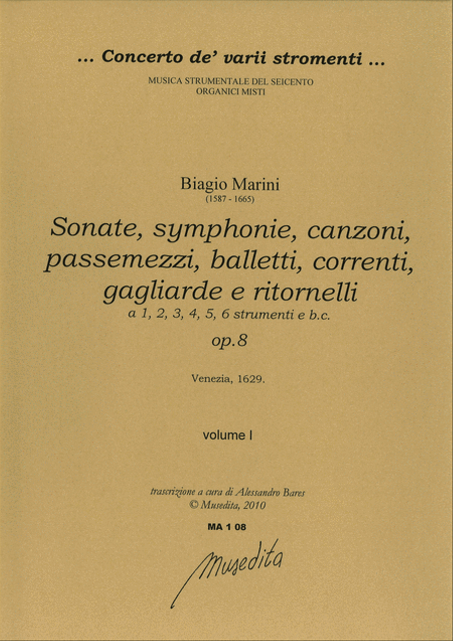 Sonate, symphonie, canzoni, passemezzi, balletti, correnti, gagliarde & ritornelli a 1. 2. 3. 4. 5. & 6 voci op.8 (Venezia, 1629) Basso Continuo scores gallery preview page 1