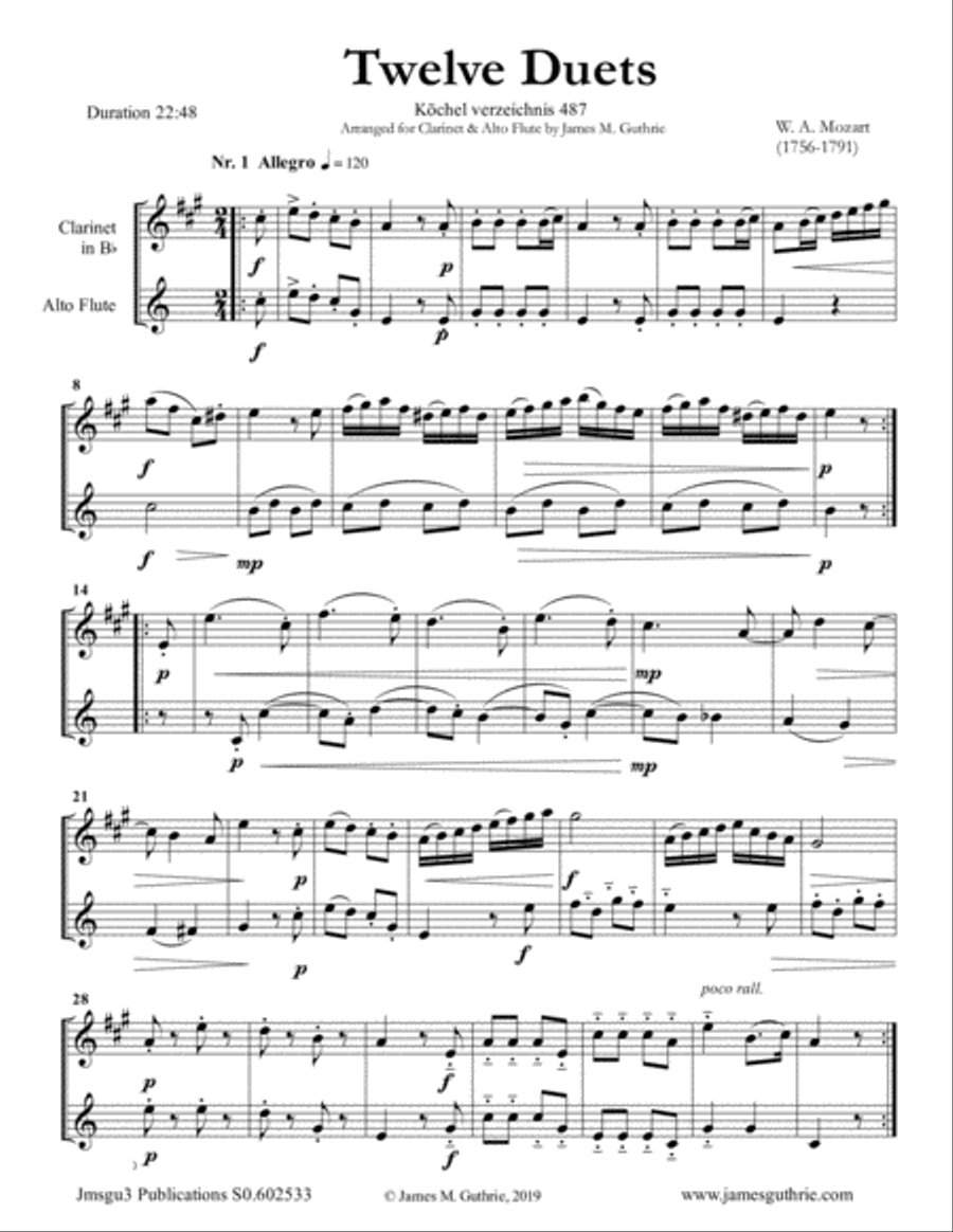 Mozart: 12 Duets K. 487 for Clarinet & Alto Flute Woodwind Duet scores gallery preview page 1
