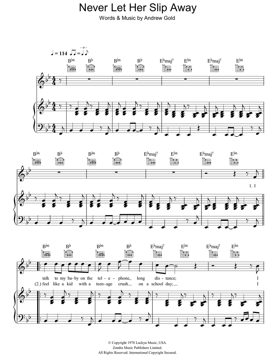 Never Let Her Slip Away Piano, Vocal, Guitar scores gallery preview page 1