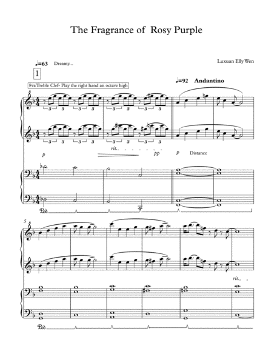 The Fragrance of Purple Rosy, New Age piano duet for 1 piano 4 hands in intermediate level 1 Piano, 4-Hands scores gallery preview page 1