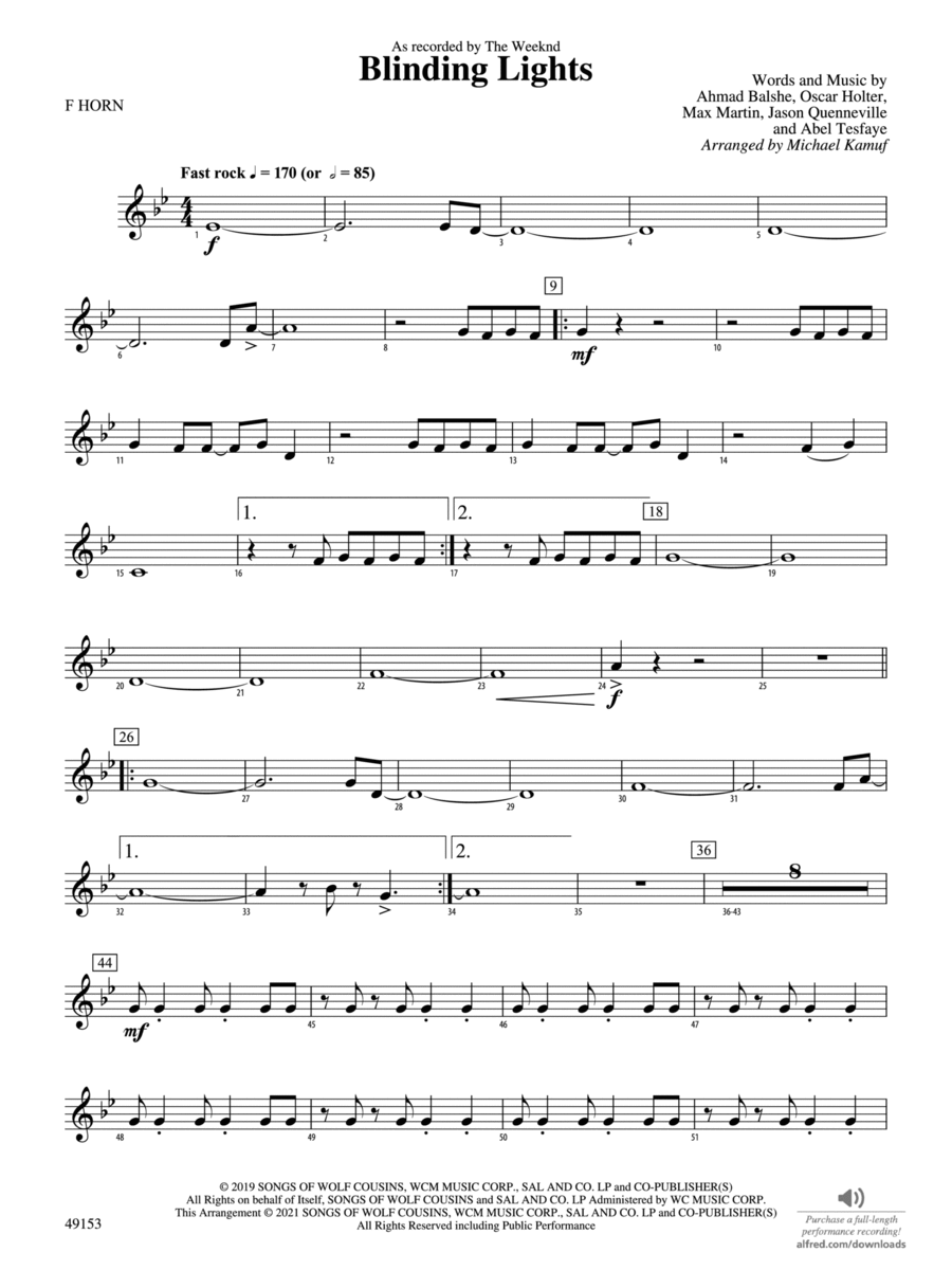 Blinding Lights: 1st F Horn Concert Band scores gallery preview page 1