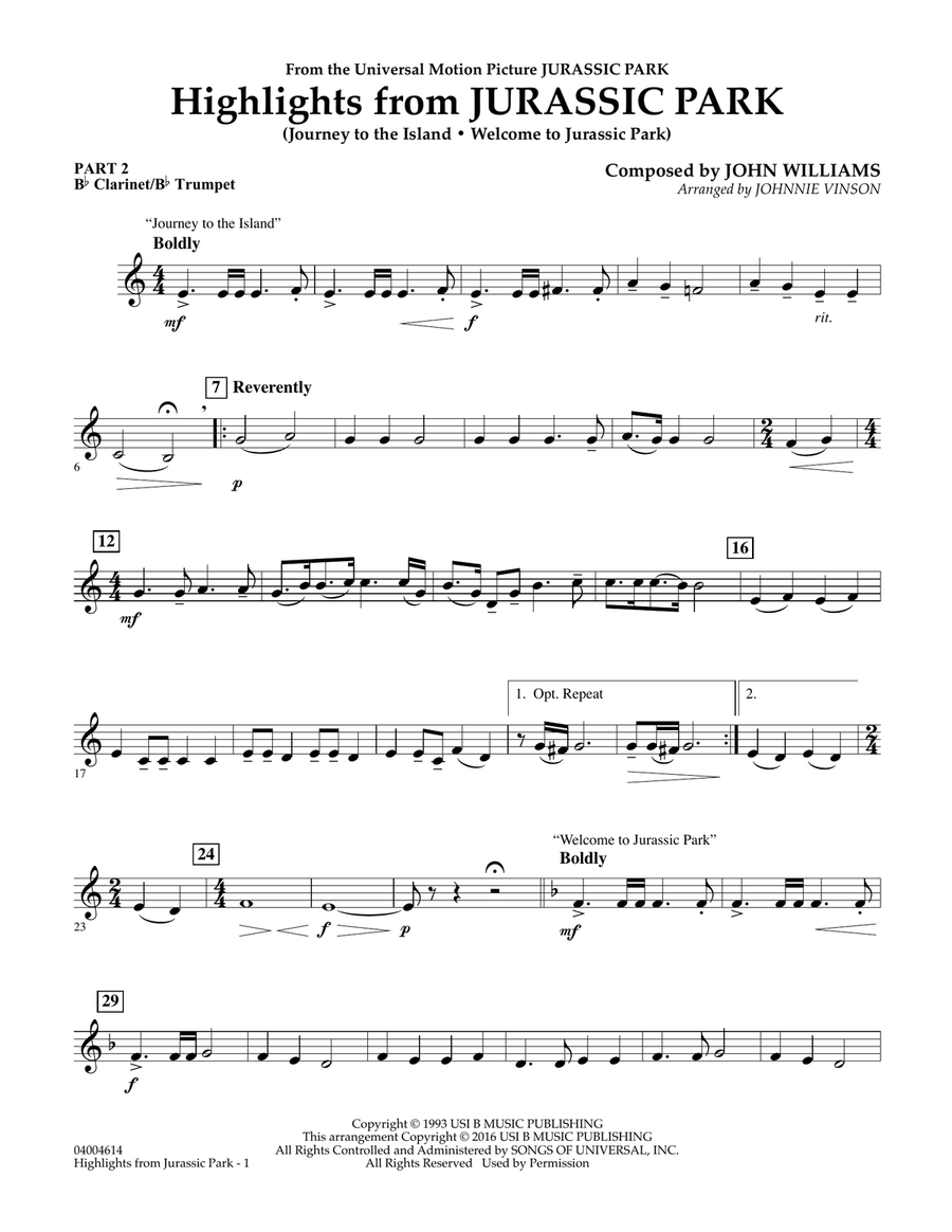 Highlights from Jurassic Park - Pt.2 - Bb Clarinet/Bb Trumpet Concert Band scores gallery preview page 1