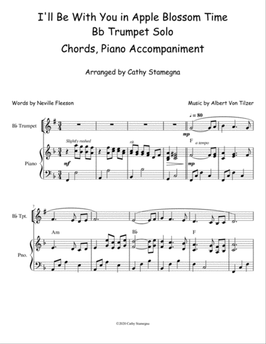 I’ll Be With You in Apple Blossom Time (Bb Trumpet Solo, Chords, Piano Accompaniment) Large Ensemble scores gallery preview page 2