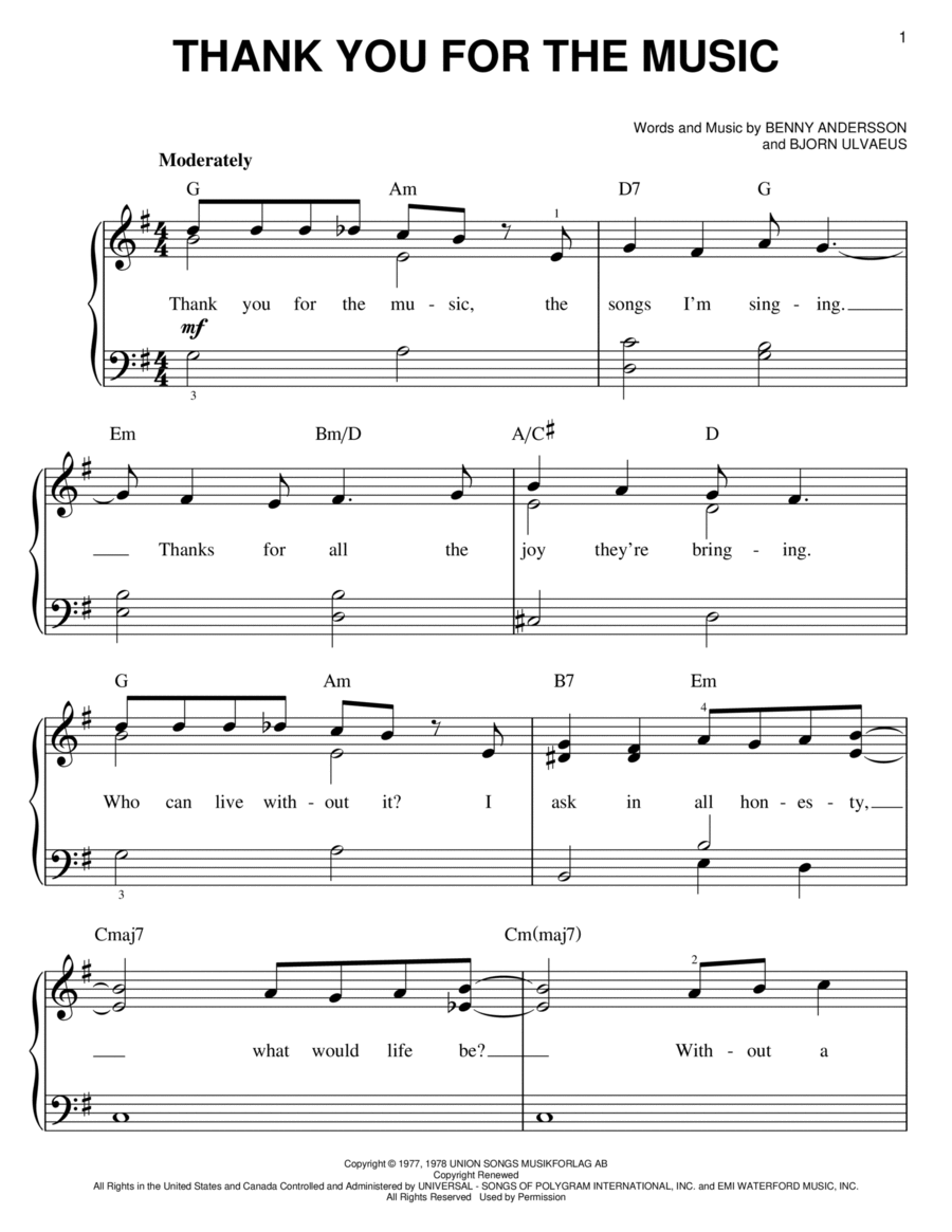 Thank You For The Music Easy Piano scores gallery preview page 1