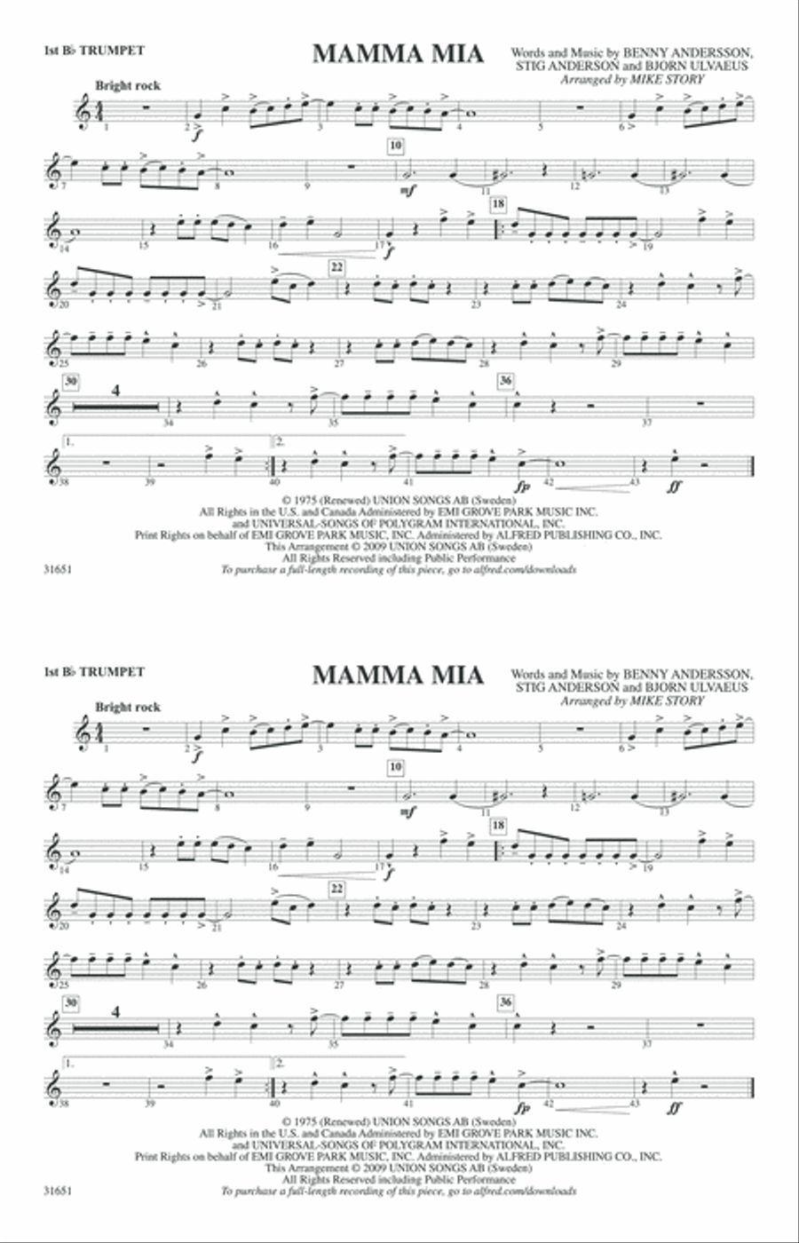Mamma Mia: 1st B-flat Trumpet Marching Band scores gallery preview page 1