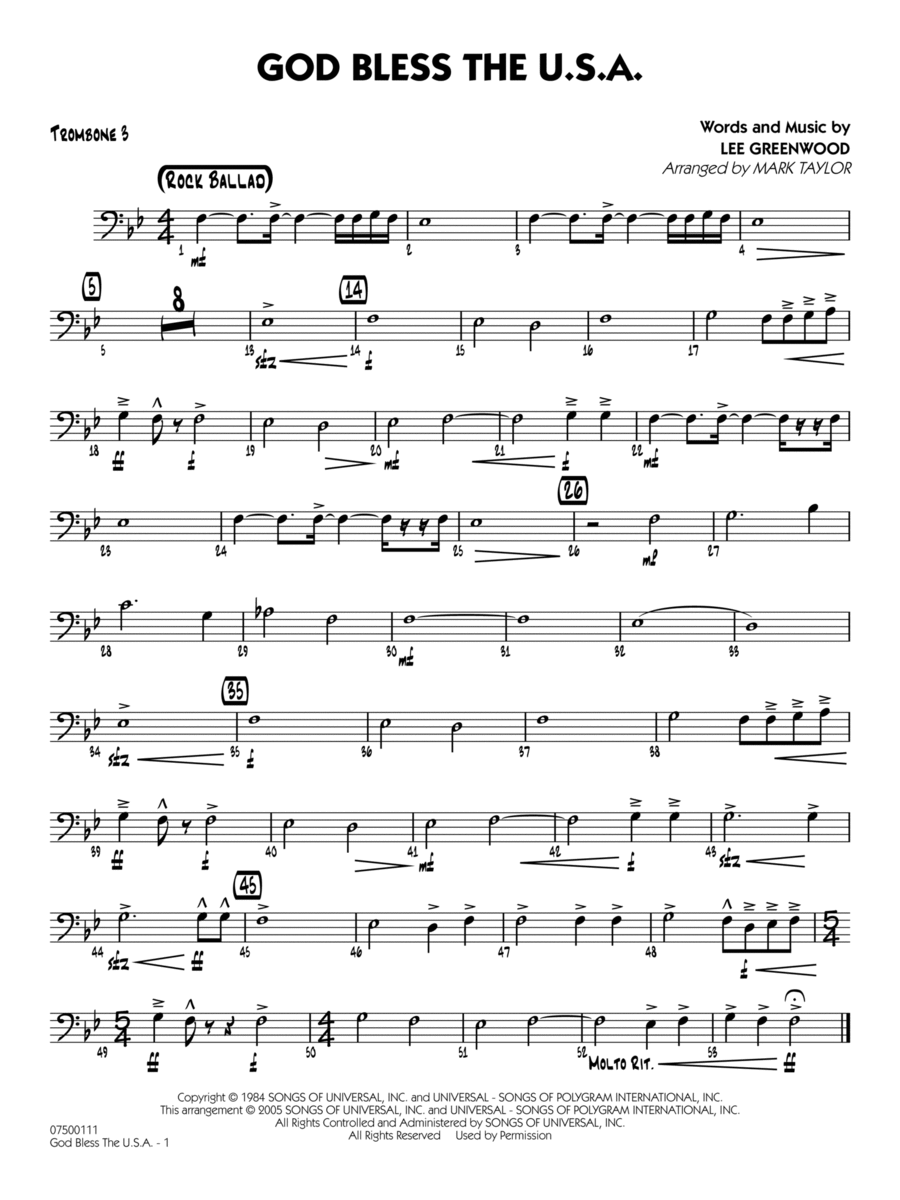 God Bless the U.S.A. (arr. Mark Taylor) - Trombone 3 Jazz Ensemble scores gallery preview page 1