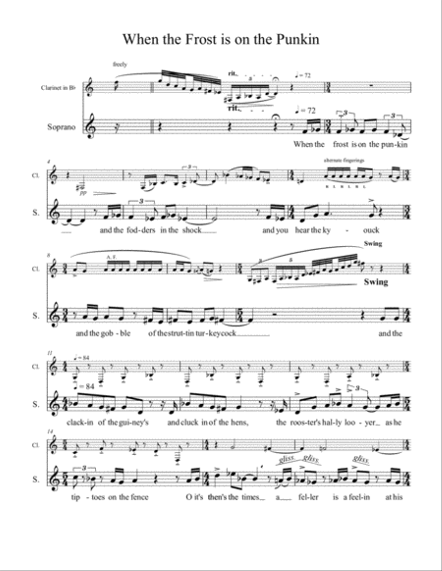 When the Frost is on the Punkin for Voice and Clarinet concert pitch Chamber Music scores gallery preview page 2