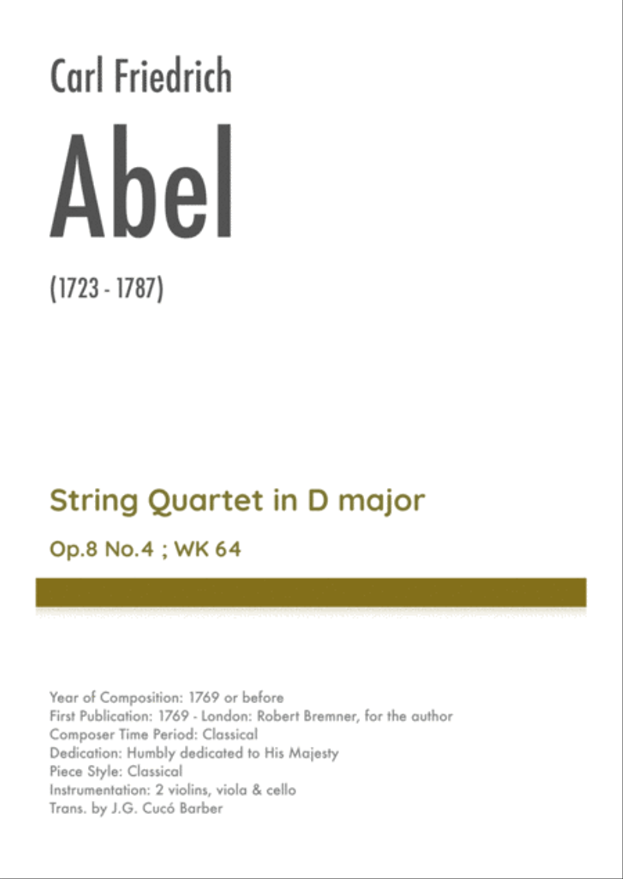 Abel - String Quartet in D major, Op.8 No.4 ; WK 64 String Quartet scores gallery preview page 1