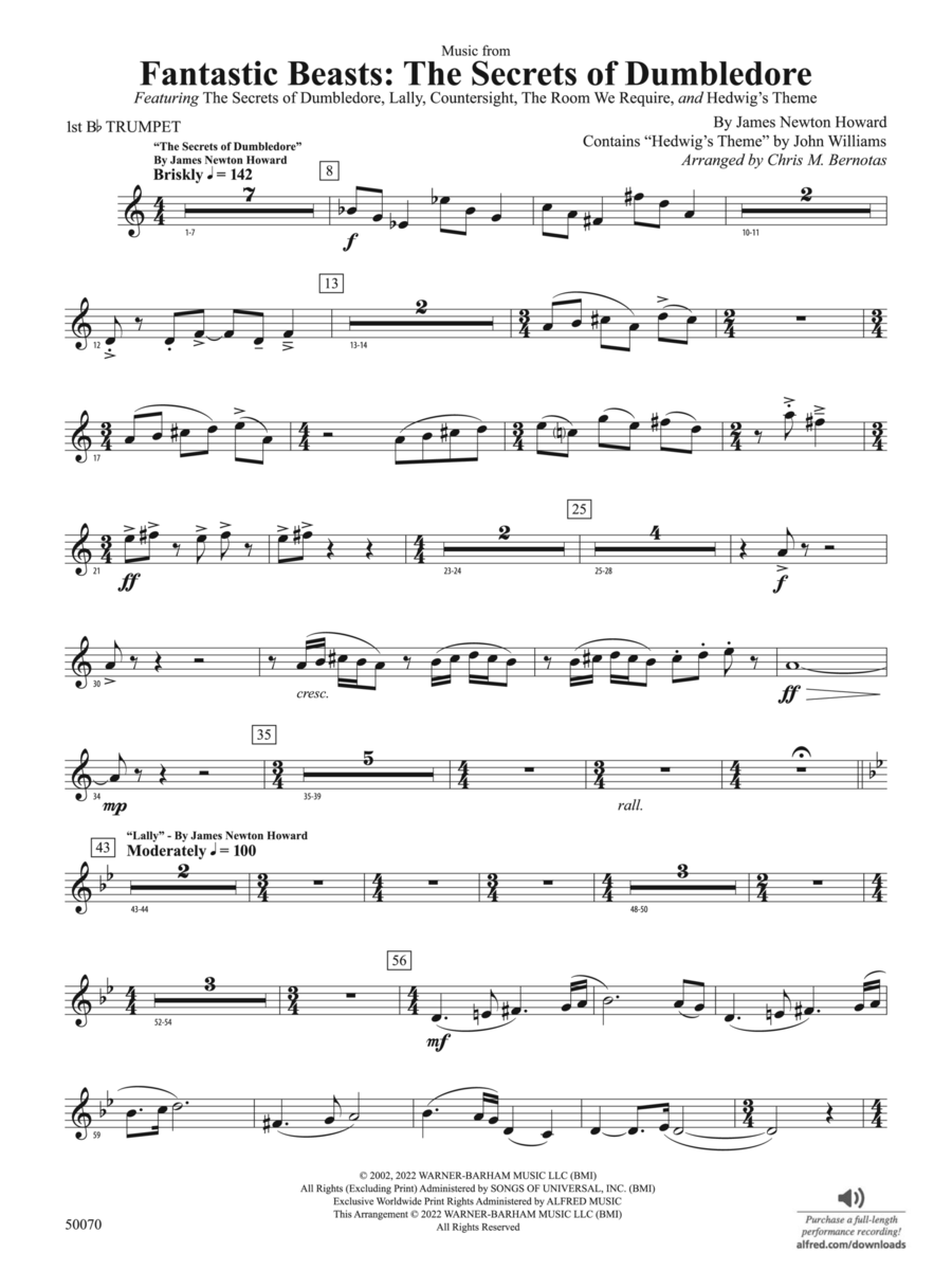 Fantastic Beasts: The Secrets of Dumbledore: 1st B-flat Trumpet Concert Band scores gallery preview page 1