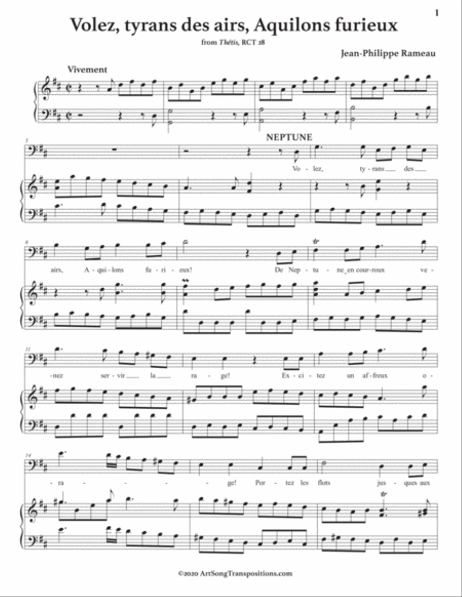 RAMEAU: Volez, tyrans des airs, Aquilons furieux (transposed to D major) Voice scores gallery preview page 2