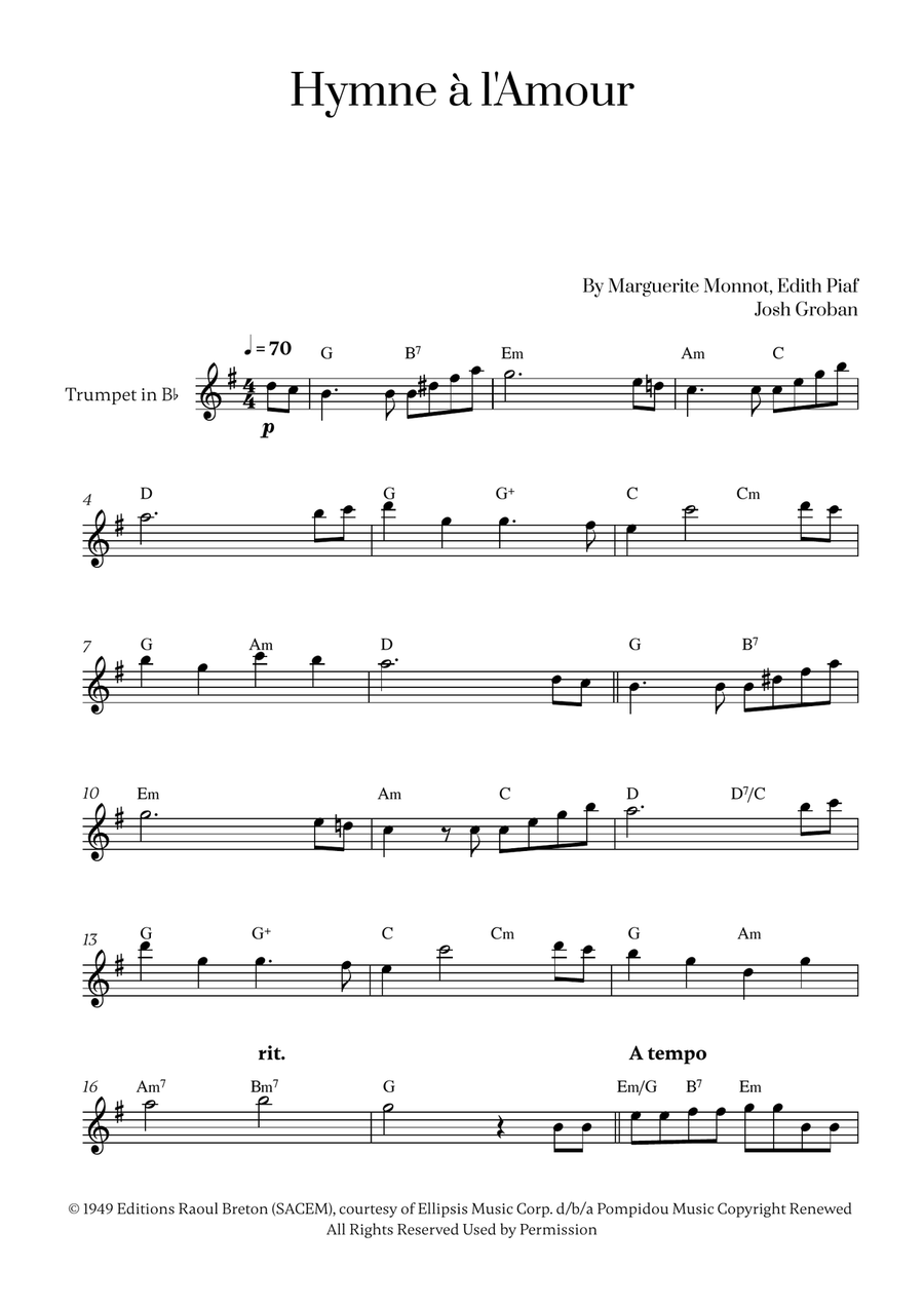 Hymne A L'amour Trumpet Solo scores gallery preview page 1