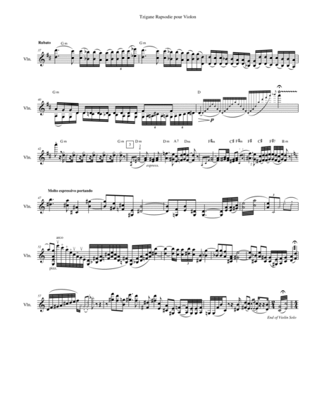 Ravel 1924 Tzigane For Violin Solo with Clarinet, Piano (or Accordian) & String Bass (Quartet)