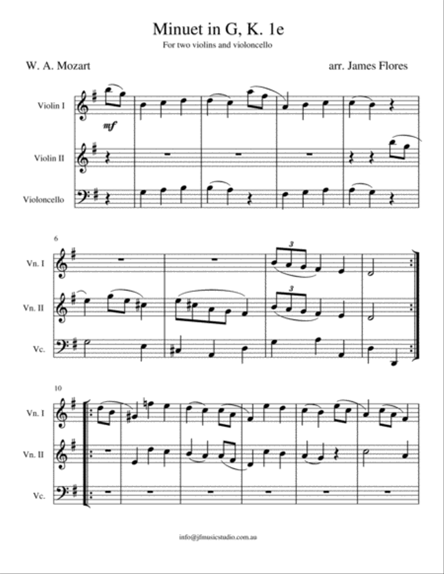 Minuet in G, K. 1e (2 violins and cello) String Trio scores gallery preview page 1