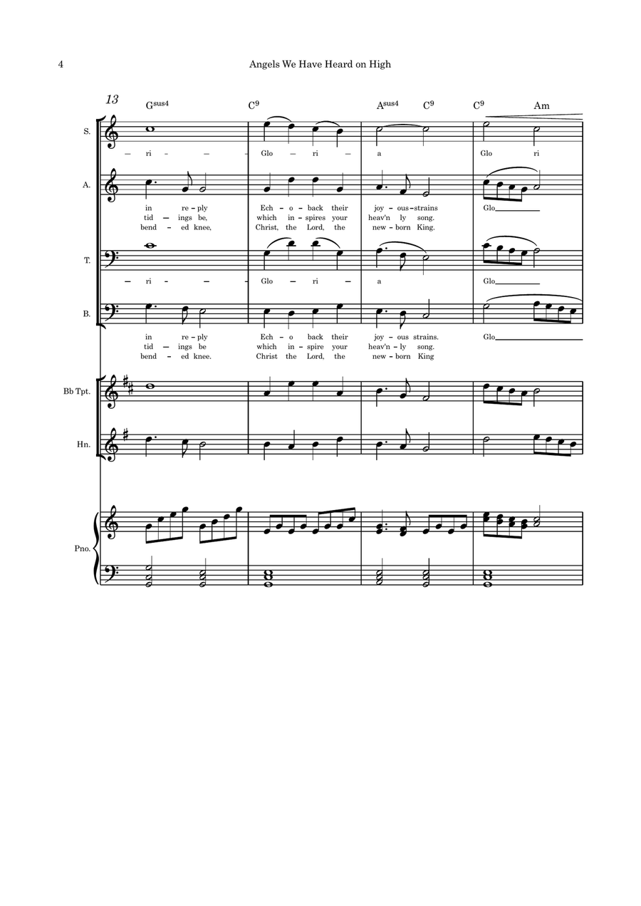 Angels We Have Heard on High SATB, French Horn, Trumpet and Piano 4-Part scores gallery preview page 4