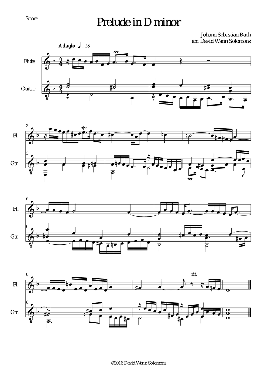 Prelude in D minor for flute and guitar Flute scores gallery preview page 1
