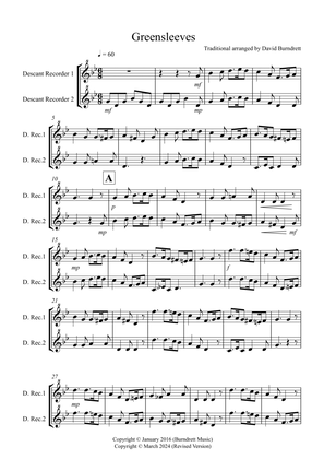 Greensleeves for Descant Recorder Duet