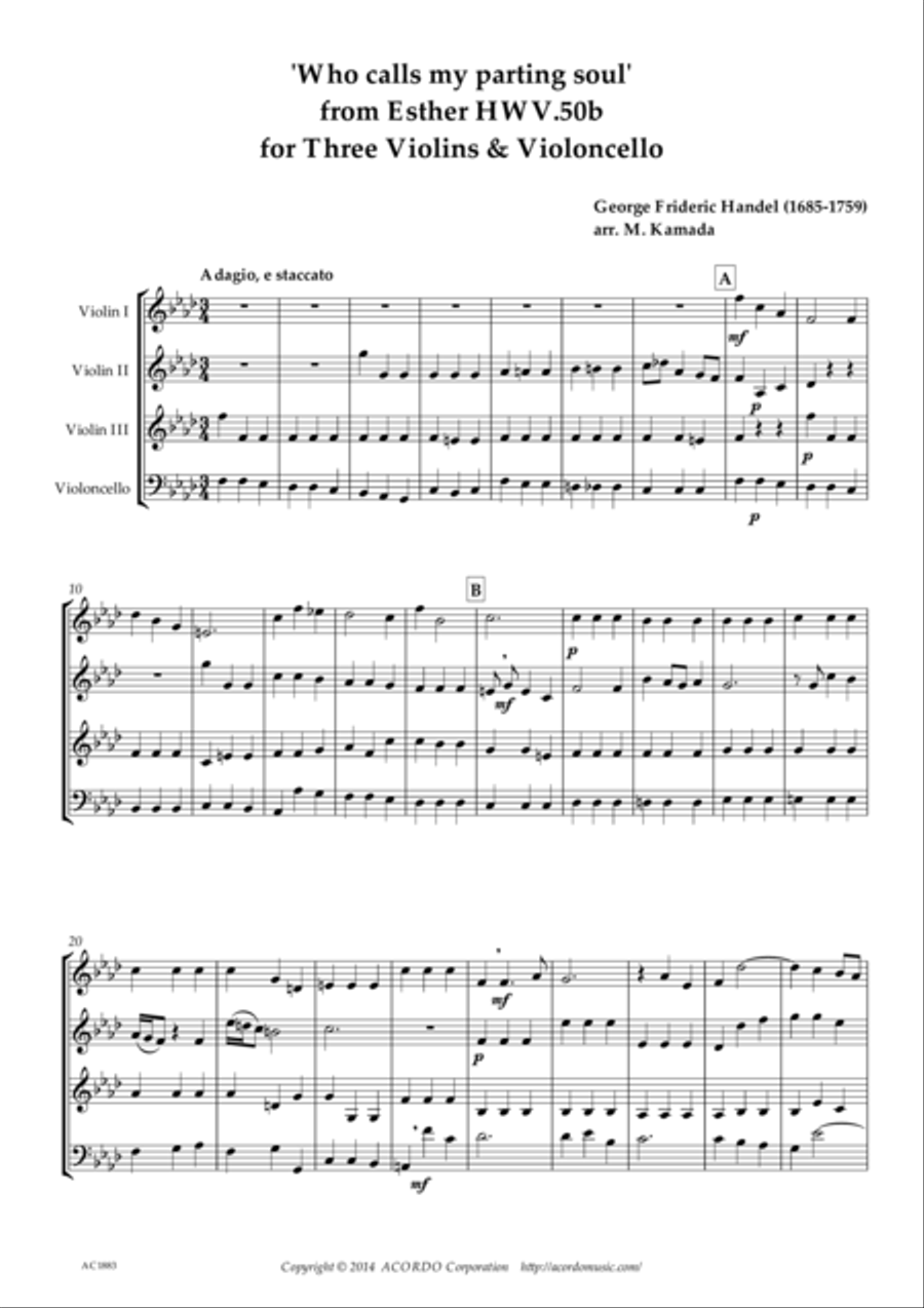 'Who calls my parting soul' for three Violons & Violoncello from Esther HWV.50b String Duet scores gallery preview page 1