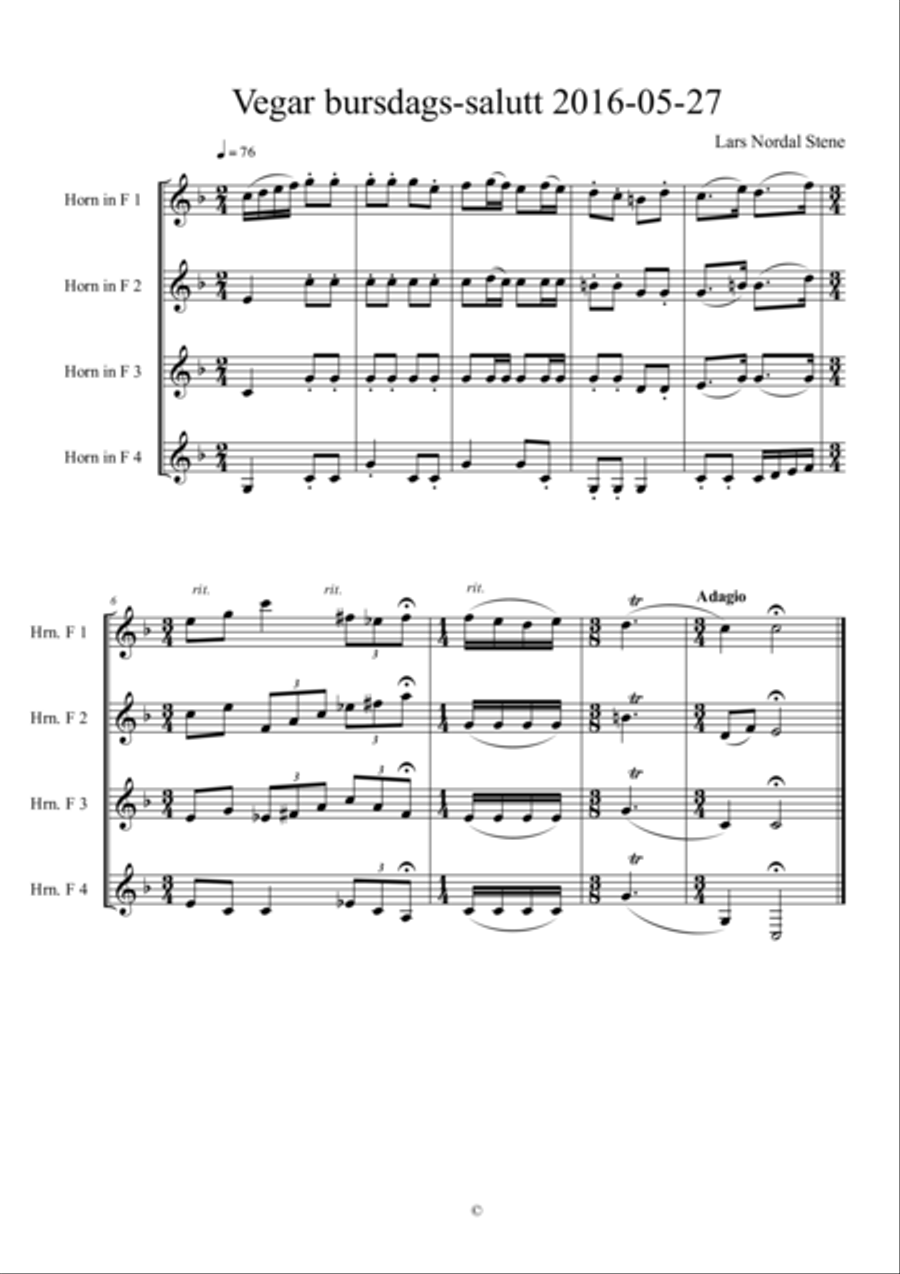 4 horns, joyful salute (18 seconds) Brass Ensemble scores gallery preview page 1