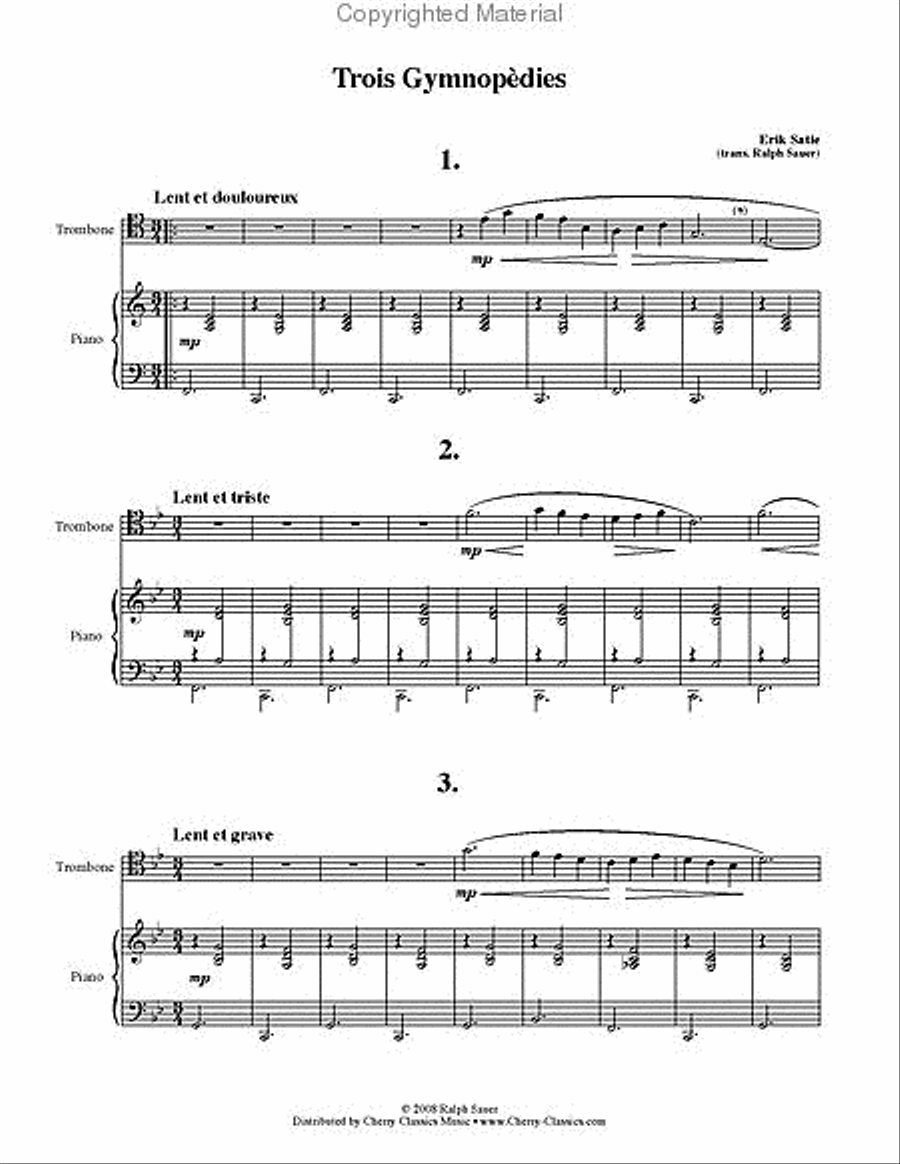 Trois Gymnopédie for Trombone & Piano Piano Accompaniment scores gallery preview page 2