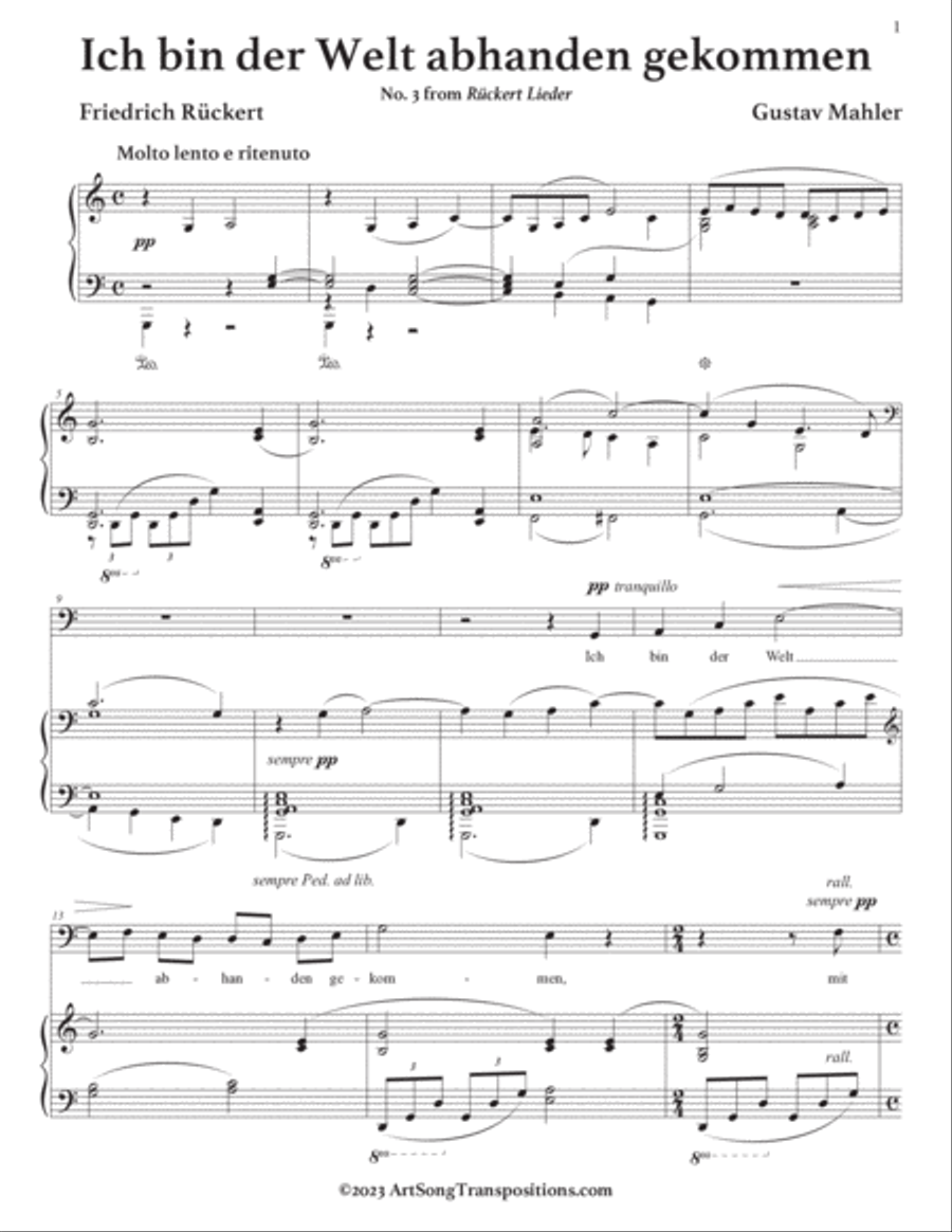 MAHLER: Ich bin der Welt abhanden gekommen (transposed to C major, bass clef) Voice scores gallery preview page 2
