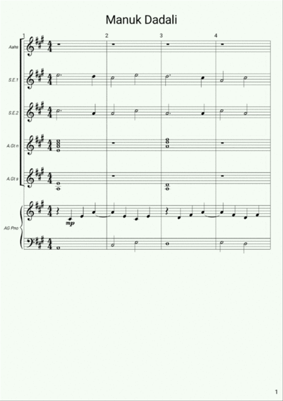Manuk Dadali ensemble Piano, Vocal, Guitar scores gallery preview page 1