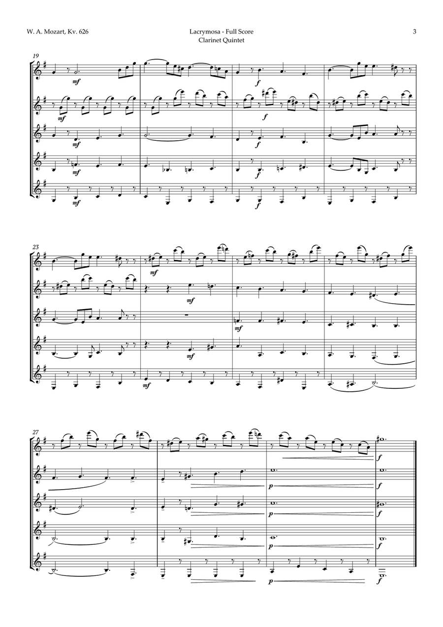 Queen of the Night Aria by Mozart for Clarinet Quintet Clarinet Quintet scores gallery preview page 3