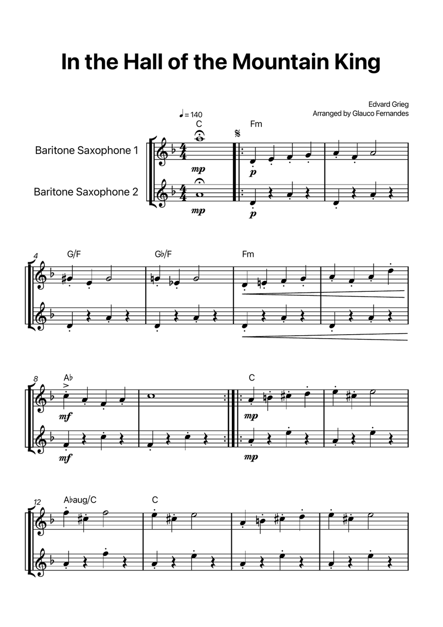 In the Hall of the Mountain King - Baritone Sax Duet with Chord Notations