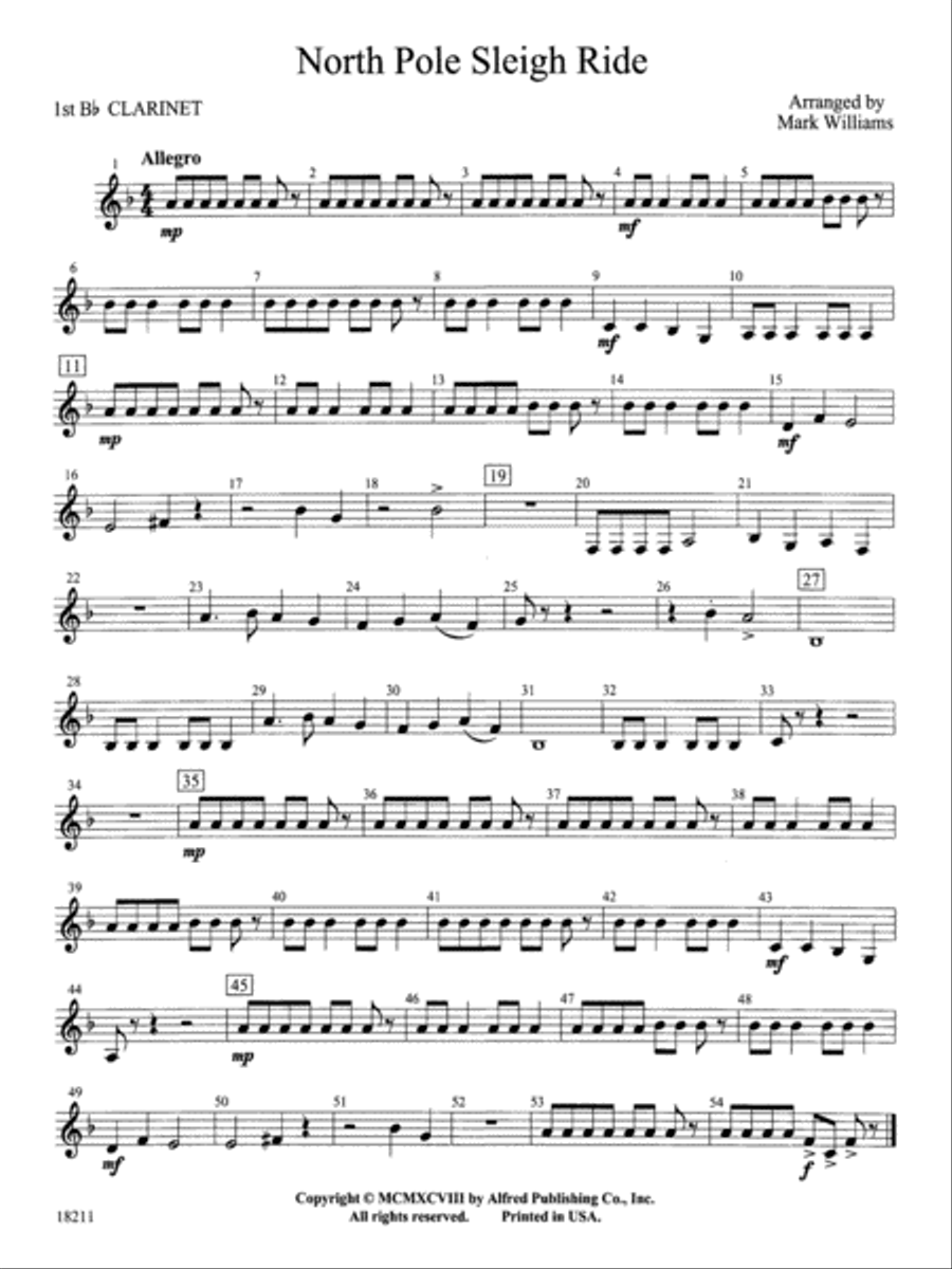 North Pole Sleigh Ride: 1st B-flat Clarinet Concert Band scores gallery preview page 1