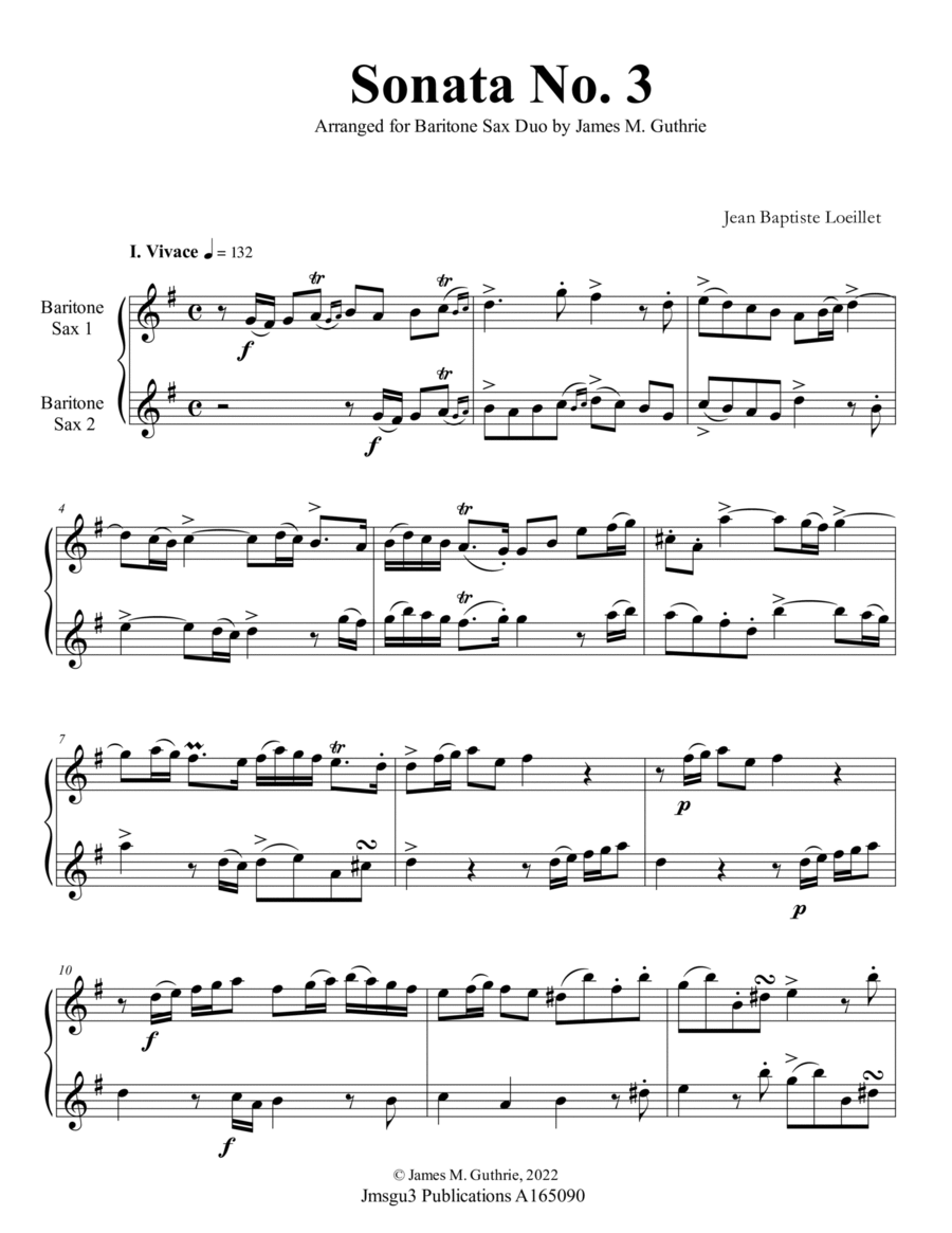 Loeillet: Sonata No. 3 for Baritone Sax Duo Woodwind Duet scores gallery preview page 1
