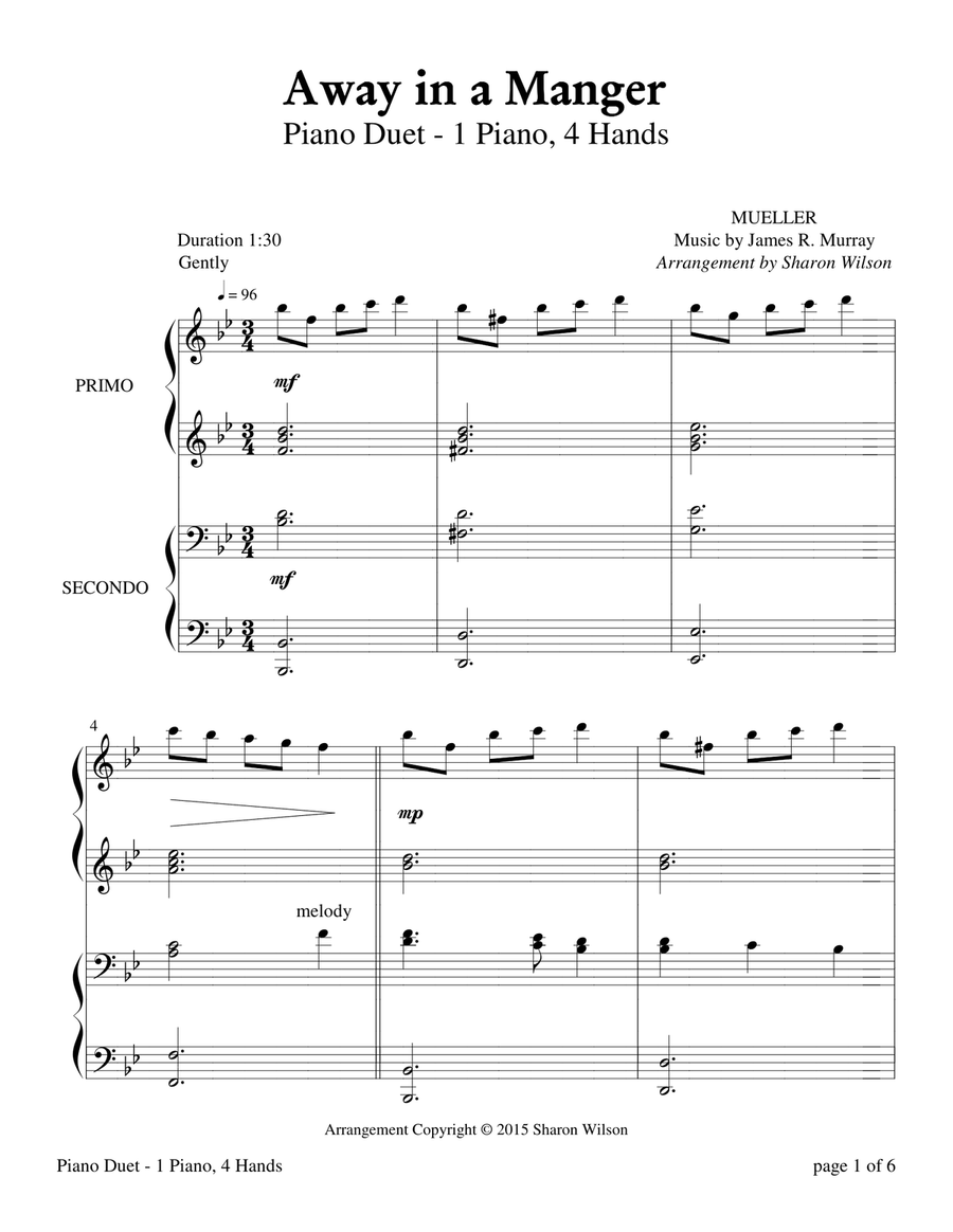 Away in a Manger (Early-Intermediate Piano Duet: 1 Piano, 4 Hands) image number null