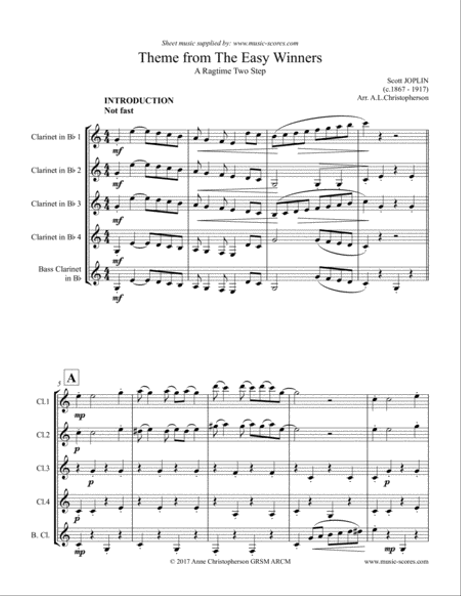 The Easy Winners Theme - 4 Clarinets and Bass Clarinet Bass Clarinet scores gallery preview page 1