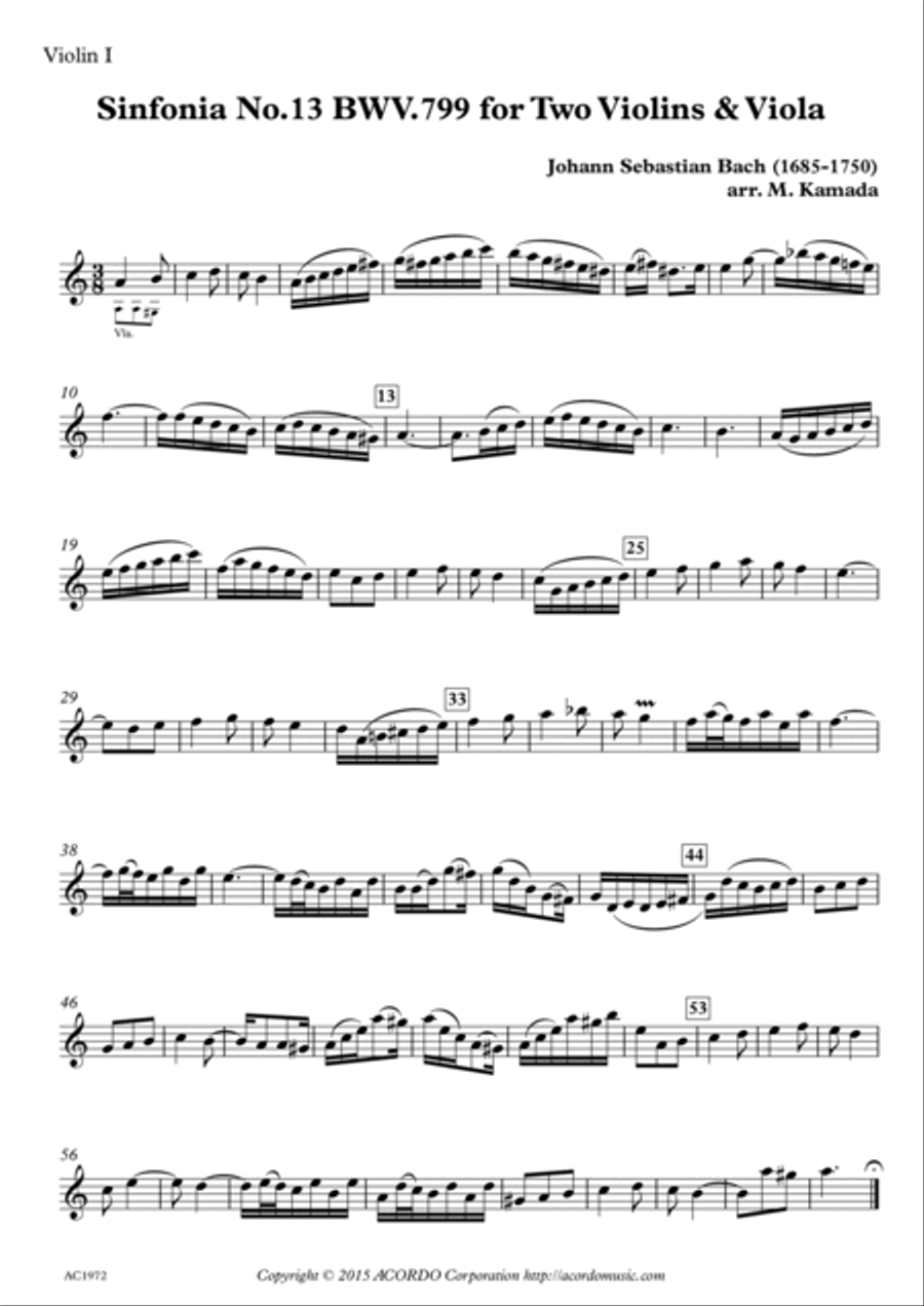 Sinfonia No.13 BWV.799 for Two Violins & Viola String Duet scores gallery preview page 3
