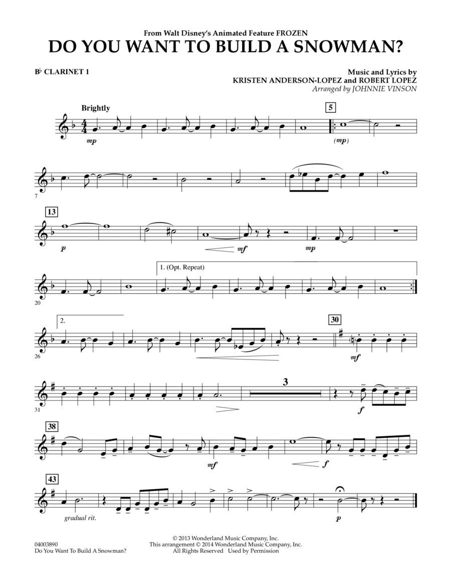 Do You Want to Build a Snowman? (from Frozen) (arr. Johnnie Vinson) - Bb Clarinet 1