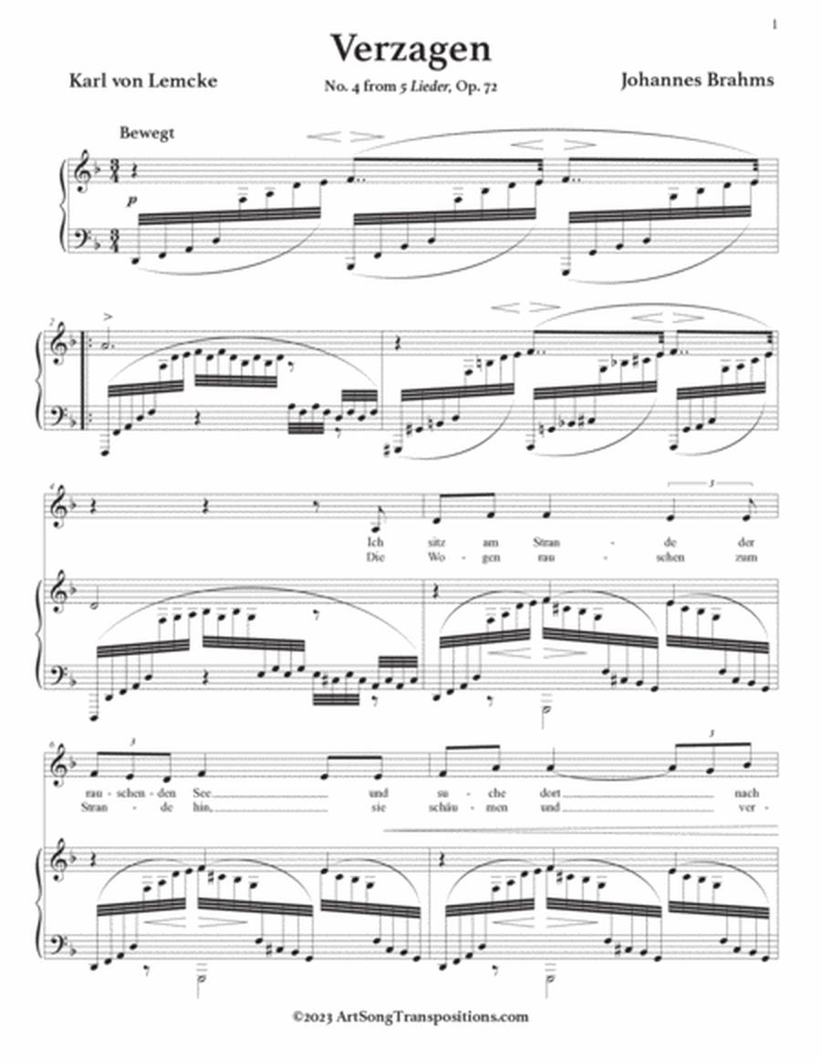 BRAHMS: Verzagen, Op. 72 no. 4 (transposed to D minor)