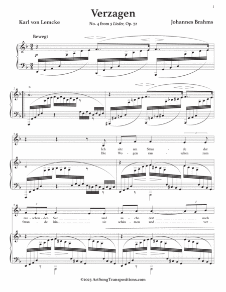 BRAHMS: Verzagen, Op. 72 no. 4 (transposed to D minor)