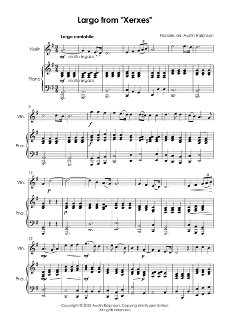 Largo from 'Xerxes' (Handel) - violin and piano with FREE BACKING TRACK Violin Solo scores gallery preview page 3