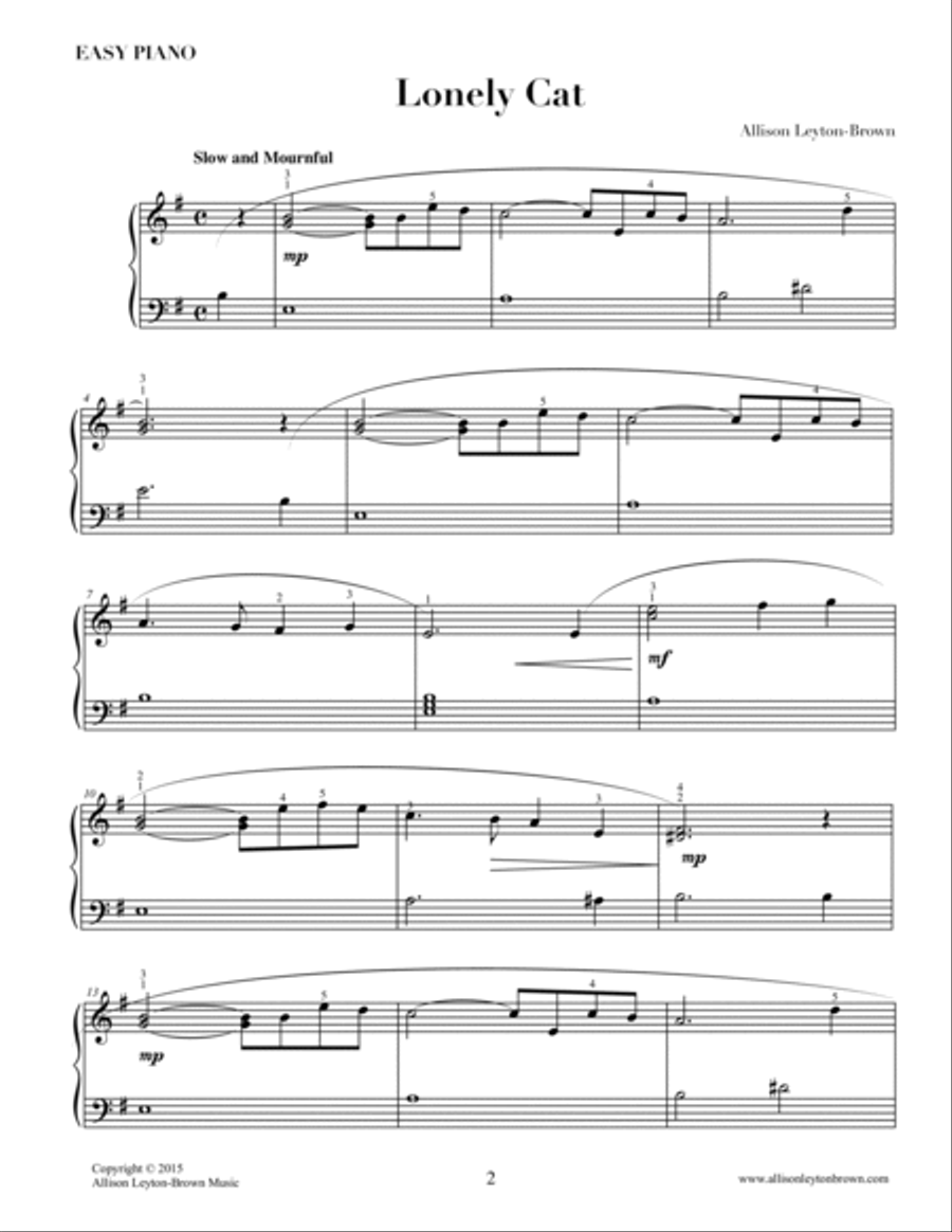 Lonely Cat - Easy Piano Solo - by Allison Leyton-Brown Easy Piano scores gallery preview page 2