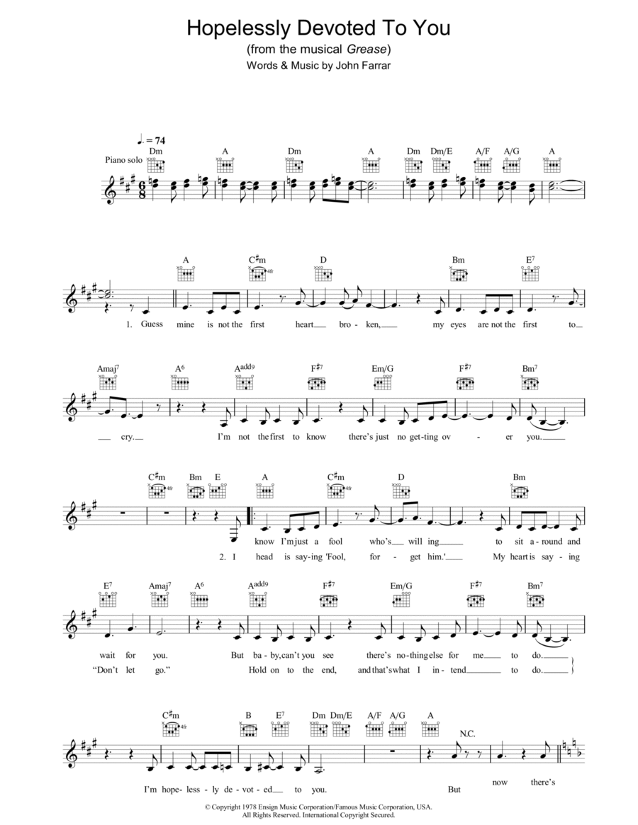 Hopelessly Devoted To You Piano scores gallery preview page 1