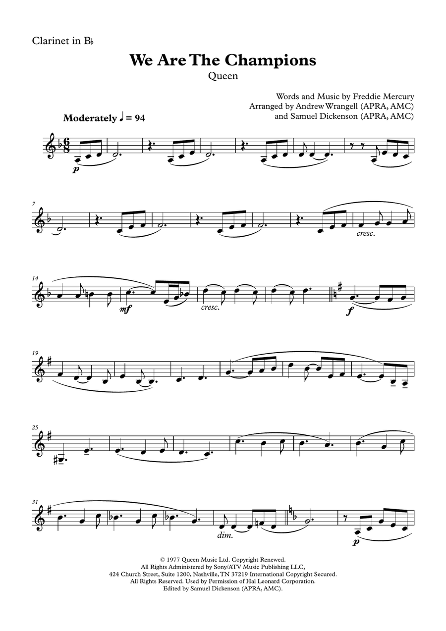 We Are The Champions Clarinet Solo scores gallery preview page 1
