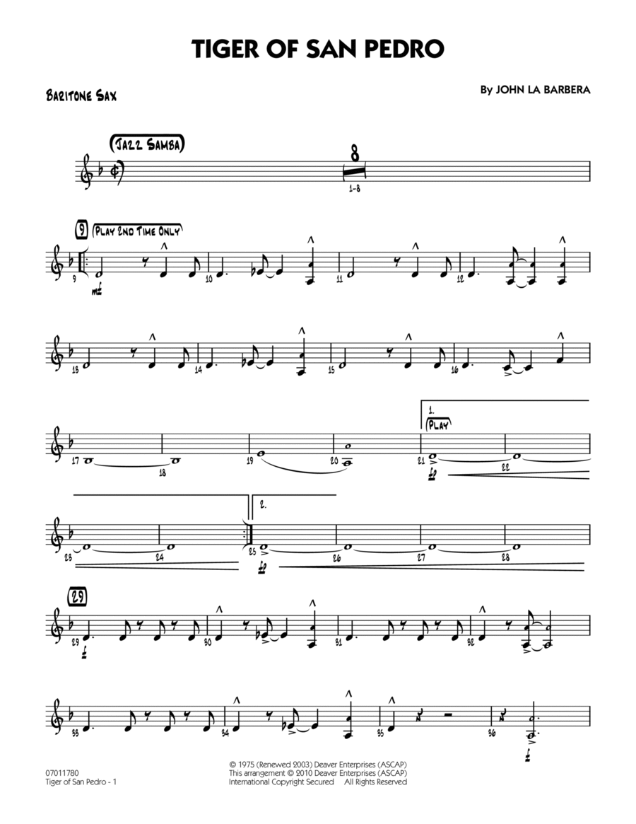 Tiger Of San Pedro - Baritone Sax Jazz Ensemble scores gallery preview page 1