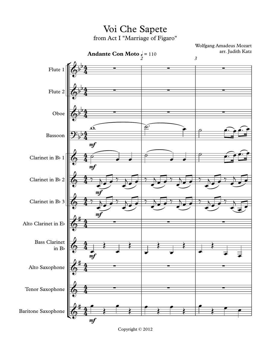 Voi Che Sapete - for woodwind choir Large Ensemble scores gallery preview page 1