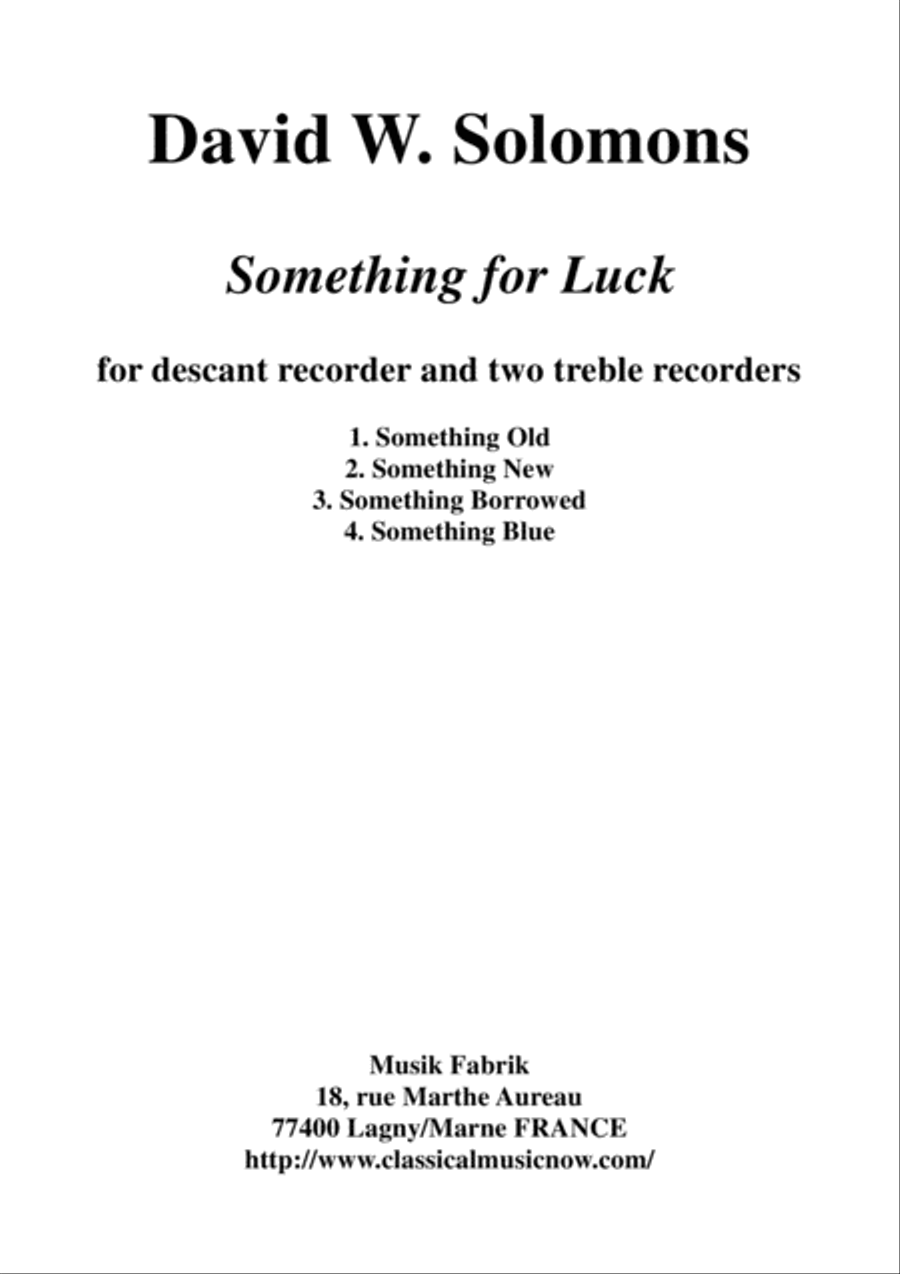 David Warin Solomons: Something for Luck for soprano recorder and two alto recorders Small Ensemble scores gallery preview page 1